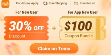 Promotional image for Temu offering a 30% discount for new users and a $100 coupon bundle for app new users. Conditions apply, with free shipping and free returns. Button text: "Claim on Temu.