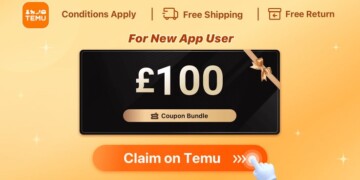 Promotional web banner offering a £100 coupon bundle for new app users, featuring a claim button and icons for free shipping and returns.