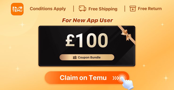 Promotional web banner offering a £100 coupon bundle for new app users, featuring a claim button and icons for free shipping and returns.