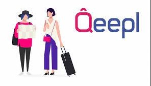 Two animated female figures, one with luggage, standing beside the stylized text "qeepl.