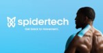 A person with blue kinesiology tape on their shoulder and neck stands in front of a blue background with the text "spidertech" and "Get back to movement.