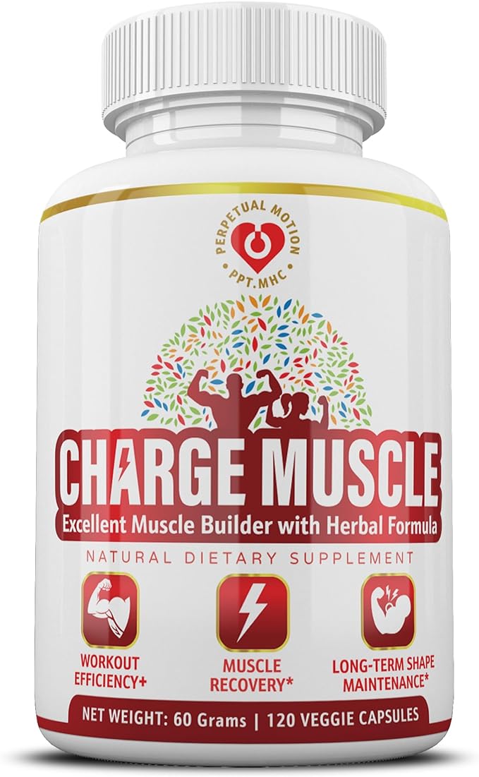 A bottle of "charge muscle" natural dietary supplement, labeled as a muscle builder with herbal formula, containing 120 veggie capsules.