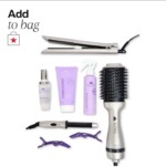 A collection of hair styling tools and products including a hair straightener, round brush, curling iron, conditioner, hair serum, heat protectant spray, and two hair clips. Text reads "Add to bag.