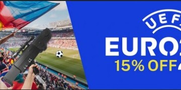 UEFA Euro 2024 promotion banner offering 15% off with code UEFAEURO. Image shows a stadium full of cheering fans with flags.