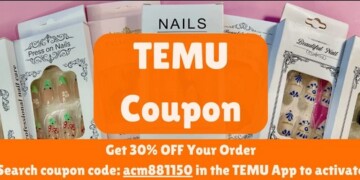 A selection of boxed press-on nail sets is displayed. The text reads: "TEMU Coupon. Get 30% OFF Your Order. Search coupon code: acm88IT5O in the TEMU App to activate.