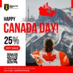 A promotional image for Canada Day with a person draped in a Canadian flag, offering a 25% off sale on a stretching guide. Includes a QR code and "CANADASTRONG" discount code.