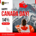 Promotional image for a Canada Day sale by The Health Leap, offering a 14% discount on Udemy courses valid from 30 June to 31 July 2024. The background features a person with a Canadian flag and mountain scenery.
