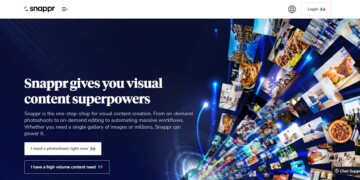 Snappr homepage showcasing its services for visual content creation, featuring a dynamic display of various images and options for photoshoots or high volume content needs.