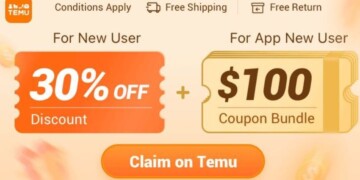 Promotional image for Temu offering a 30% discount for new users and a $100 coupon bundle for new app users. Includes icons indicating conditions apply, free shipping, and free returns. Button text reads "Claim on Temu.