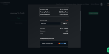 A screenshot showing a payment summary for a trading account. The promotcode "GOLD50" was applied, giving a 40% discount, reducing the amount from $170/mo to $102. Options for payment via bank or credit card.
