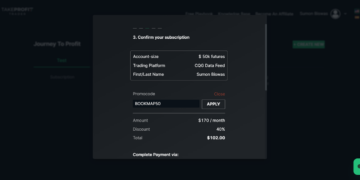 A subscription confirmation screen listing account size, trading platform, user's first and last name, a promo code application box, pricing details including a discount, and final total payment amount.