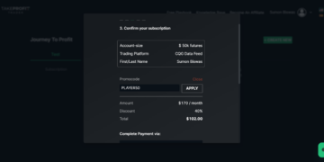 Screenshot of a subscription confirmation page showing details such as account size, trading platform, data feed, first and last name, promcode input field, and the total amount due ($102.00).