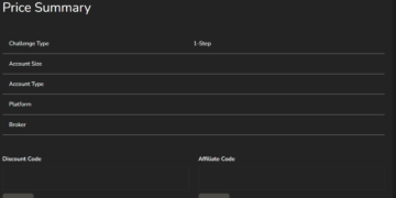 Dark-themed interface showing a Price Summary screen with fields for Challenge Type, Account Size, Account Type, Platform, Broker, Discount Code, and Affiliate Code, along with Verify buttons.