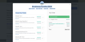 Screenshot of Breakaway Carolina 2024 ticket purchasing page showing options like 2-Day GA and VIP tickets with various discounts. User's order summarized on the right totals $163.10 after discounts.